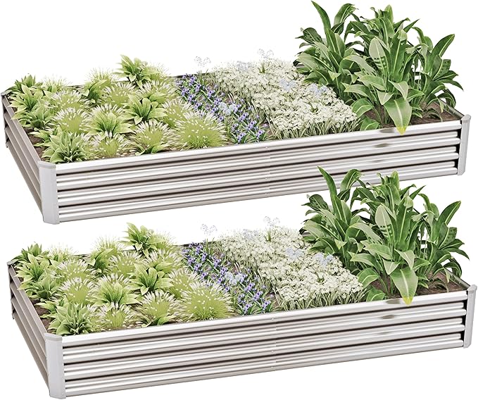 8x4x1ft(2 Pack) Galvanized Raised Garden Bed Kit Galvanized Planter Garden Boxes Outdoor Metal Raised Garden Beds for VegetablesFruits FlowerSilver