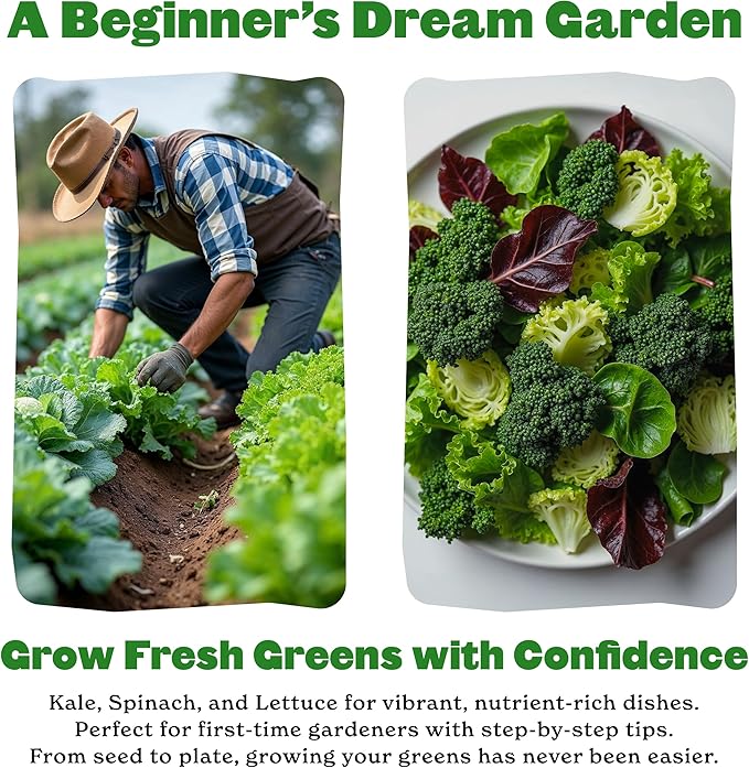 Epic Gardening Eat Your Greens Seed Kit - 7 Heirloom &amp Non-GMO Varieties Includes Kale Spinach Arugula &amp Romaine Lettuce Grow Fresh Greens for Salads Smoothies Healthy Meals Ideal for B