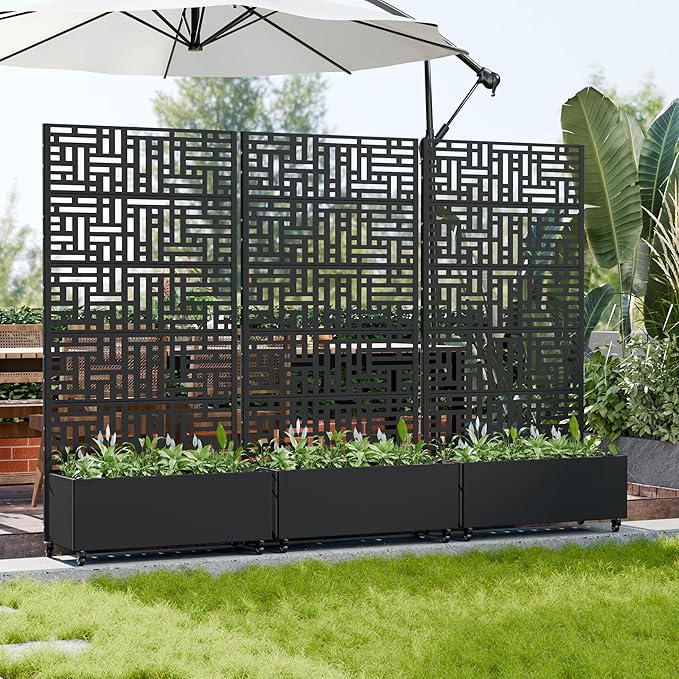 Casaphoria 72x35 Metal Raised Garden Bed with Trellis(2 Pack) Outdoor Planter Box with Wheels &amp Drainage Holes for Climbing Plants Flowers Elevated Garden Kit with Privacy Screen Black-Helen