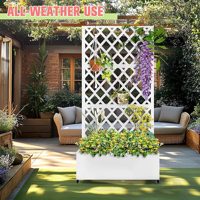 Metal Planter Box with Trellis Raised Garder Bed with Drainage Hole Privacy Screen &amp Trellis for Climbing Plants Outdoor Plant Stands 35''L×17''W×73''H White