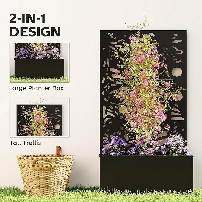 Outsunny Metal Raised Garden Bed with Trellis for Climbing Plants Freestanding or Wall Mounted Flower Bed with Privacy Panel Butterfly Cut-Out Outdoor Planter Box for Garden Patio Balcony