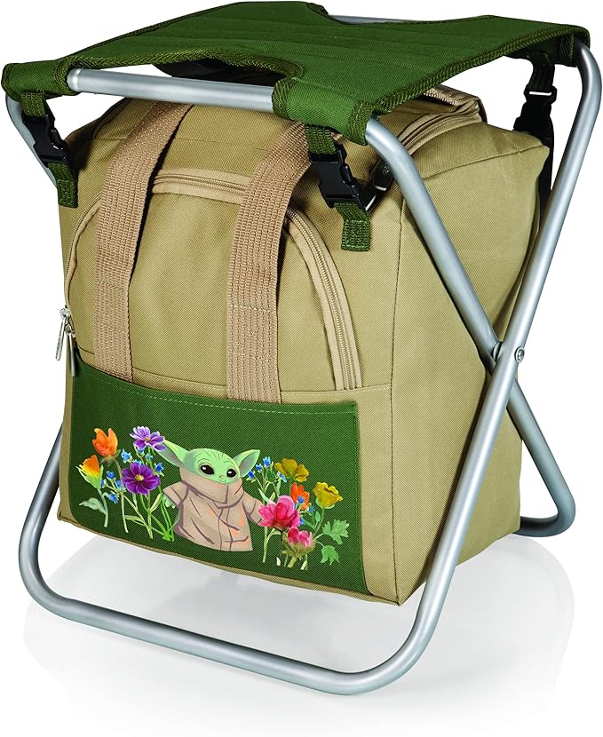Picnic TIME Star Wars The Mandalorian Grogu Gardener Folding Seat with Tools 5 Piece Garden Tool Set with Folding Stool and Detachable Tote Organizer (Olive Green with Beige Accents)