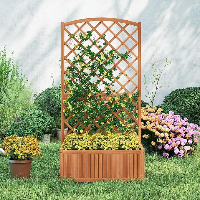 HAPPYGRILL Wooden Raised Garden Bed with Trellis 63 Tall Planter Box with Trellis &amp Slat Bottom Base Vine Climbing Plants Flowers Outdoor Freestanding Garden Box for Backyard Balcony (1)