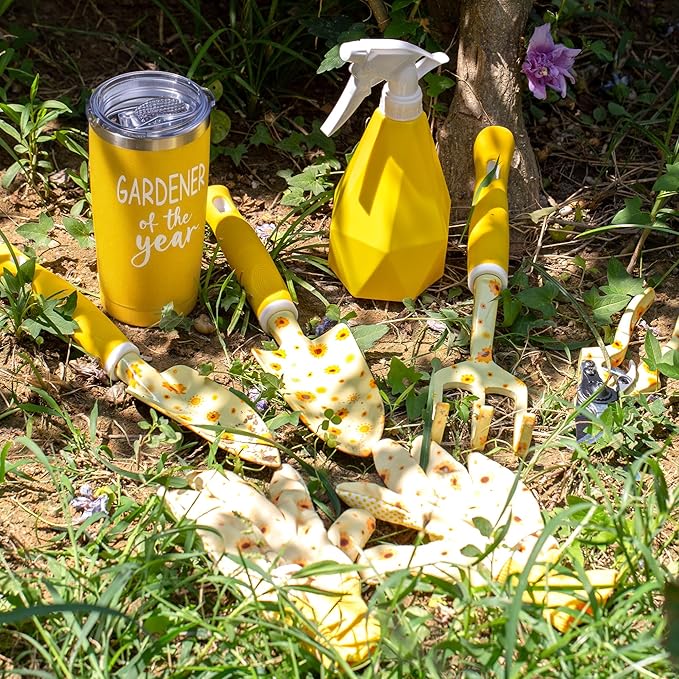 Garden Tool Set with Sunflower Print Heavy Duty Gardening Hand Tools with Garden Tool BagGardening Gifts for Women&ampMenYellow