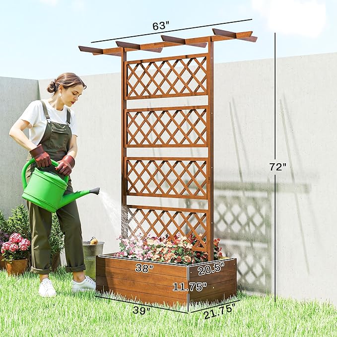 Outsunny Wood Planter Box with Trellis Raised Garden Bed Privacy Screen Planter Box for Climbing Plants Vines Vegetables Flowers 63 x 21.75 x 72