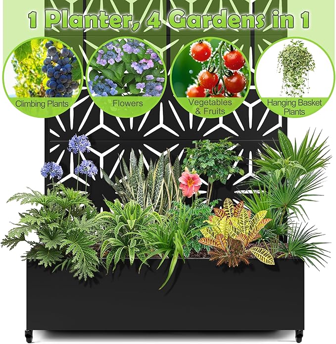 15.7×70.9×47.2 Metal Raised Garden Bed with Trellis and Wheels - Tall Trellis Planter Box for Climbing Plants Vegetables &amp Vines - Outdoor Privacy Planters for Patio (Black-Star)