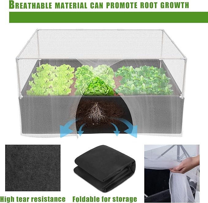 UNIFAMILY Fabric Raised Garden Bed Kit Breathable Raised Garden Bed with Cover Garden Beds Outdoor with Plant Protection Mesh Netting for Vegetable Flower Herbs and Strawberry
