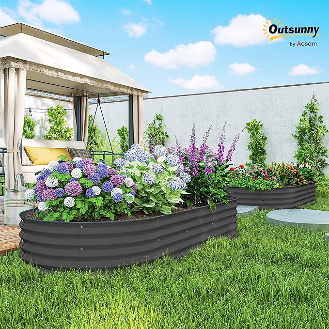 Outsunny 2PCS Galvanized Raised Garden Bed 7' x 3' x 1' Raised Beds for Gardening with Plant Support Stakes Rubber Strap Edging and Gloves Metal Planter Box for Vegetables Flowers Dark Gray