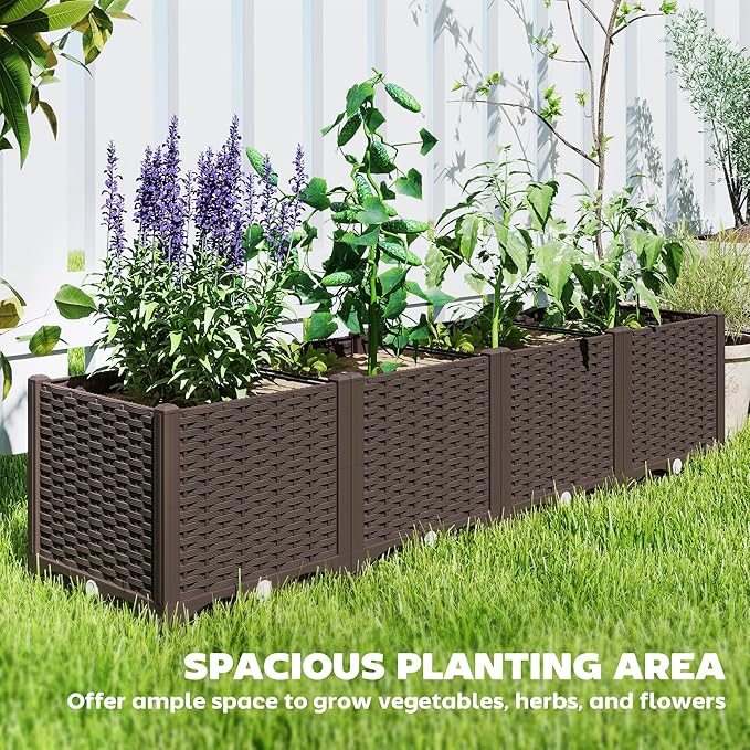 Outsunny 5 x 1 x 1 ft Raised Garden Bed Indoor Outdoor Plastic Planter Box with Drainage Holes Drain Plugs and Water Reservoirs for Vegetables Herbs Flowers &amp Succulents Brown