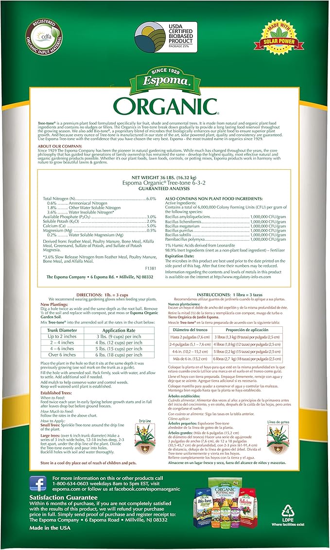 Espoma Organic Tree-Tone 6-3-2 Natural &amp Organic Fertilizer and Plant Food 36 lb. Bag Organic Fertilizer for All Trees. Use for Fruit Trees Like Peach &amp Apple Trees and All Shade Trees