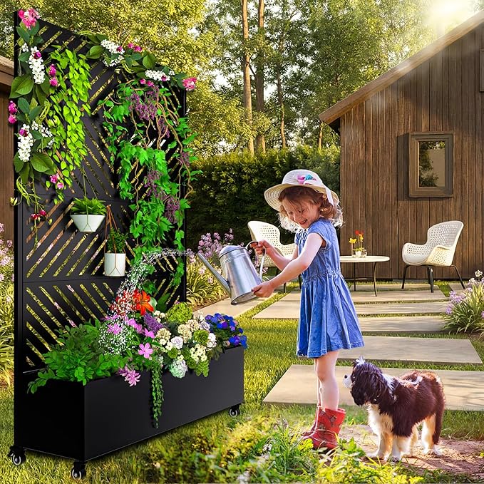 Metal Planter Box with Trellis 72.1x47.2x16 Outdoor Galvanized Raised Garden Bed with Privacy Screen &amp Drainage Holes &amp Lockable Casters for Climbing Plants Vegetable (Arrow-Black1)