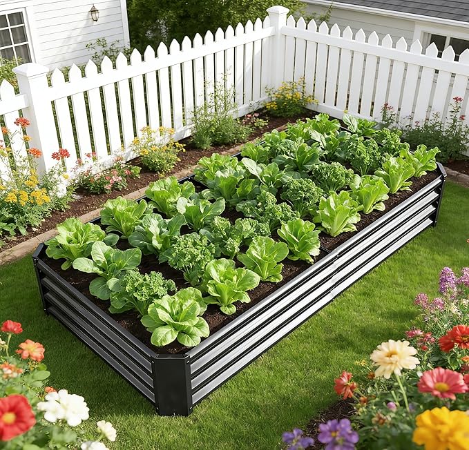 Metal Galvanized Raised Garden Bed Kit 8 x 4 x 1 ft Galvanized Steel Raised Garden Planter Box Outdoor with Open Base for Growing Vegetables/Flowers/Herbs/Fruits/Succulents Rectangle Black