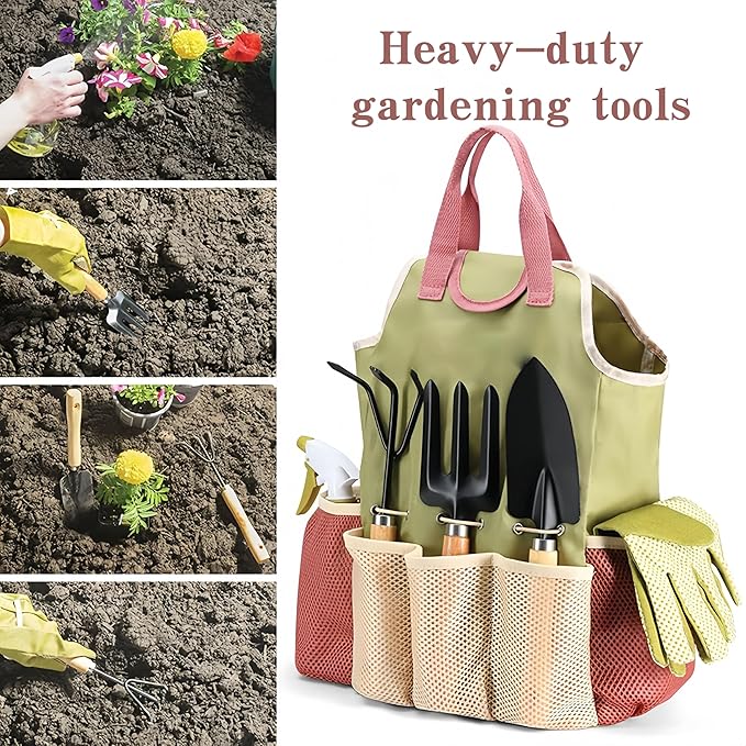Garden Tools Set 9-Piece Heavy Duty Carbon Steel Gardening Kit Ergonomic Hand Tools for Digging Planting Pruning Durable Gardening Tools Set with Storage Solution Ideal Garden Gifts for Women Men