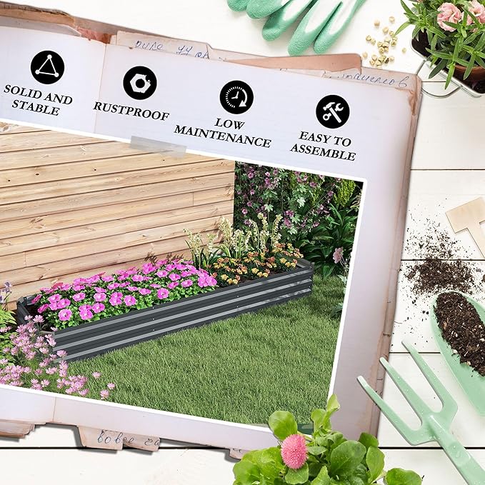 8x2x1ft Professional Grade Heavy-Duty Galvanized Raised Garden Bed Kit with Safety Perimeter and Anti-Corrosion Treatment Dark Gray