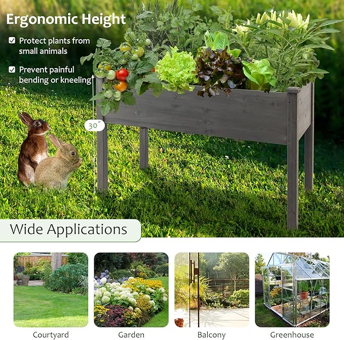 RELAX4LIFE Raised Garden Bed 48x22x30 Inch Planter Boxes Outdoor Wooden Elevated Garden Box w/Legs 4 Drainage Holes for Growing Vegetable Elevated Garden Bed for Backyard Patio Balcony Grey