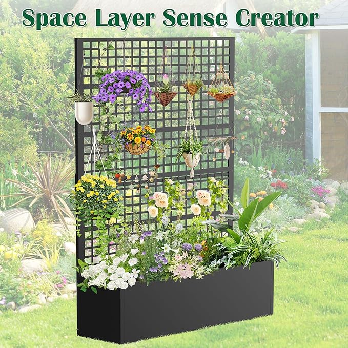 Metal Planter Box with Trellis 47 L x 16 W x 72 H Raised Garden Bed with Privacy Screen Privacy Planters for Climbing Plants Flowers Vegetables Fruits