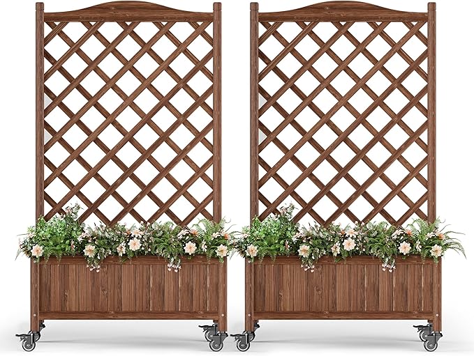 Upgraded 2-Pack 50 Tall Trellis Planter Box with Wheels 49.8H × 27.6W × 13.0D Solid Fir Wood Raised Garden Bed &amp Lattice Privacy Screen Rolling Planter with Drainage for Patio/Garden