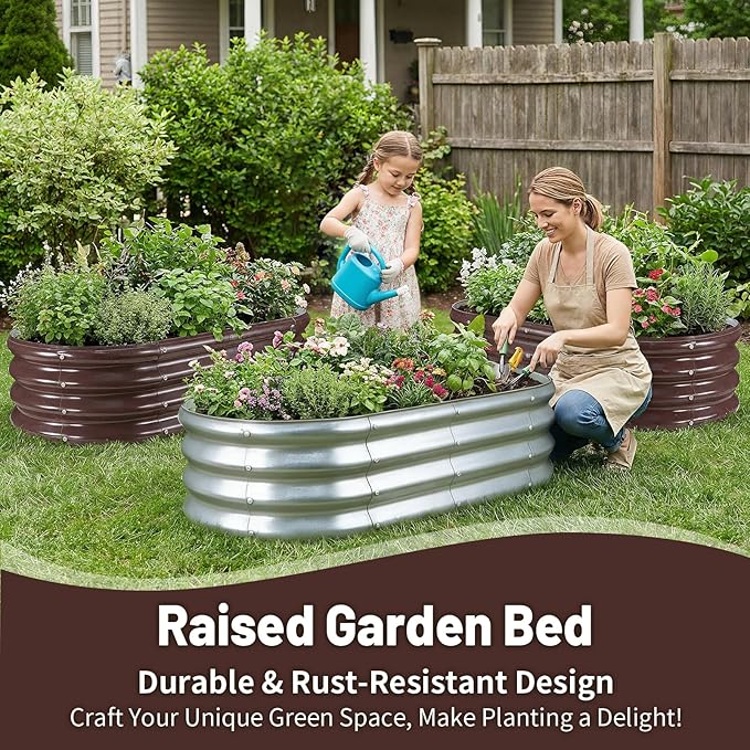GOOZOO Galvanized Planter Raised Garden Bed 4x2x1 ft Raised Garden Bed Kit for Gardening Outdoor Oval Metal Land Planter Box for Vegetables Flowers Herbs Fruits Easy Assembly（Silver）