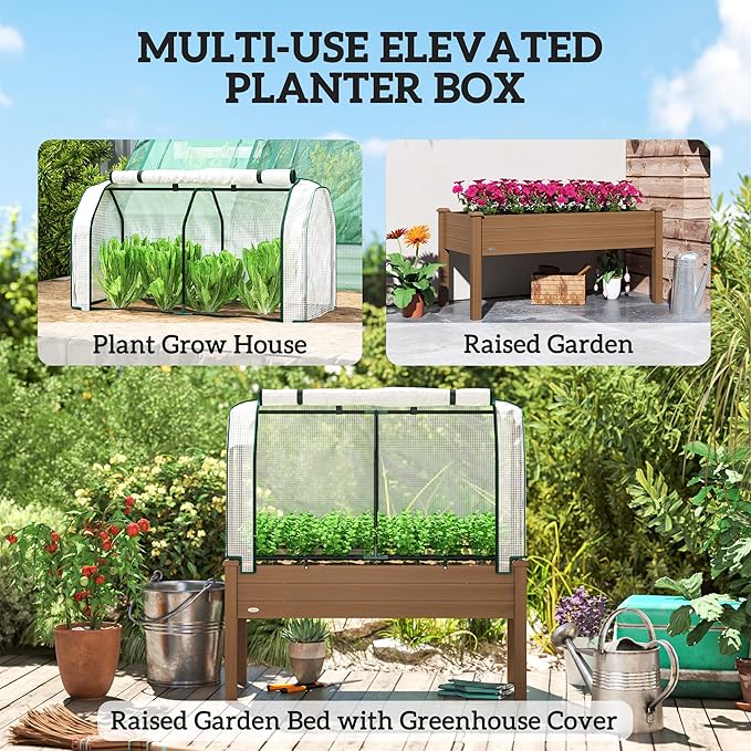 Outsunny Raised Garden Bed with PE Greenhouse Cover Outdoor Elevated Wood Planter Box for Herbs and Vegetables Use for Patio Backyard Balcony 48 x 22 x 46 inch Brown