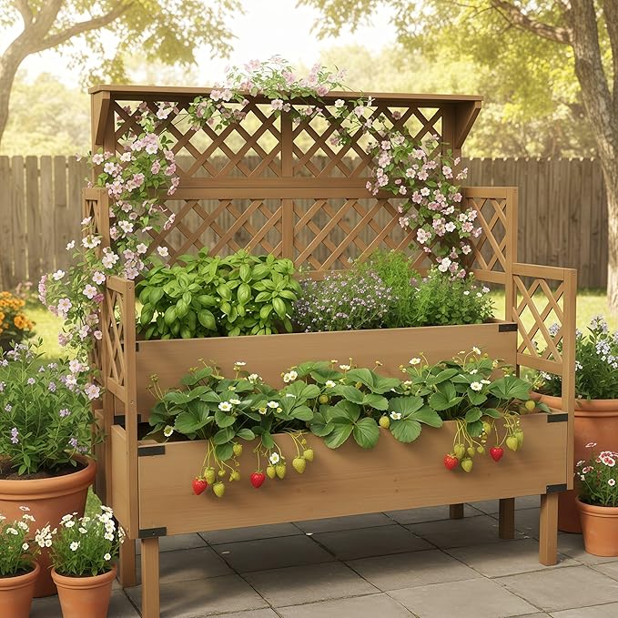 Raised Garden Bed with Trellis &amp Top Shelf Outdoor Elevated Planter Box with 2 Planting Areas Liner &amp Metal Corners for Climbing Plants Vegetables Herbs