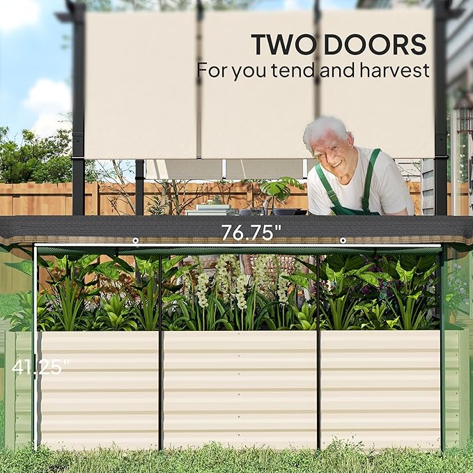 Outsunny 7.3 x 3.4 x 2 ft Galvanized Raised Garden Bed with Crop Cage Plant Protection Net and Shade Cloth Roof Metal Planter Box with Cover for Vegetables Flowers Herbs Beige