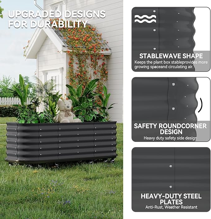 Self-Watering Raised Garden Bed Gray 94x24x20in Metal Planter with Lockable Wheels &amp Water Reservoir