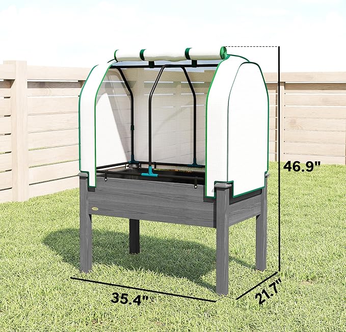 Outsunny Raised Garden Bed with PE Greenhouse Cover Outdoor Elevated Wood Planter Box for Herbs and Vegetables Use for Patio Backyard Balcony 35 x 22 x 47 inch Dark Gray
