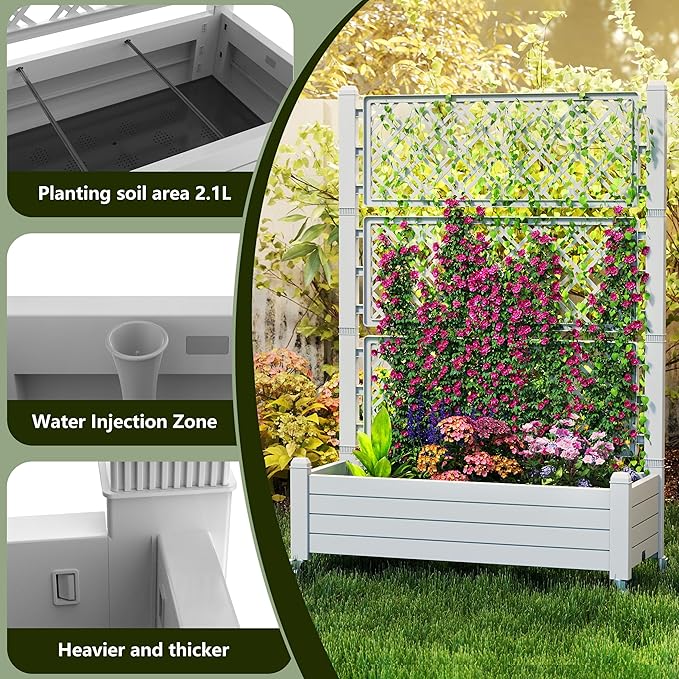 21 Gallon Raised Garden Bed with Trellis Self Watering Raised Planter Box with Wheels Drainage Holes and Gauge for Climbing Plants Vegetables and Flowers Anti-Rust Resin for Backyard Patio