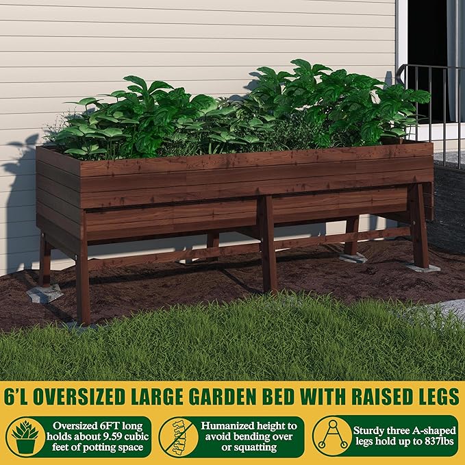 VEIKOU 6x3x2FT Raised Garden Bed Outdoor Oversize Planter Box with Liner Cedar Garden Bed with Legs for Vegetables Flower Herb 837lbs Capacity Rustic Brown