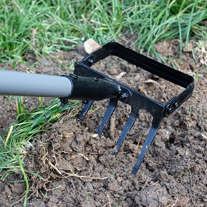 Suchtale 82 Inch Stirrup Hoe and 5-Tines Rake Action Hoe for Weeding 2 in 1 Scuffle Hoe with 37-82 Adjustable Handle Cultivator for Loosening Soil Loop Hoe for Garden Weeding and Planting