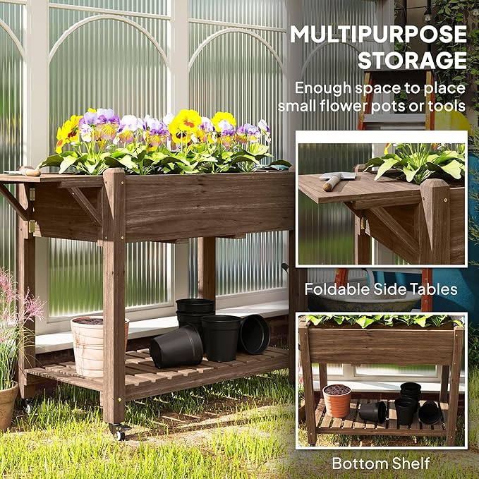 Premium Wood Elevated Garden Bed Featuring Lockable Wheels Side Cabinets Removable Bottom Shelf Complete Drain Holes Charred Treatment