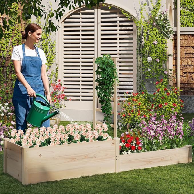 Giantex Wooden Raised Garden Bed with Trellis &amp 2 Planter Boxes Raised Bed for Vegetables Flowers Vine Fruits Herbs Gardening Planting Outdoor Garden Box for Patio Backyard Lawn