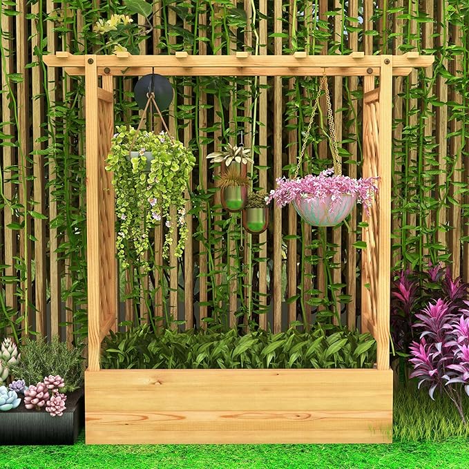 Raised Garden Bed with Trellis Wood Planter Box with Arch Trellis Hanging Roof &amp Drainage Holes Outdoor Elevated Planter for Garden Climbing Plants Flowers Vegetables (2)