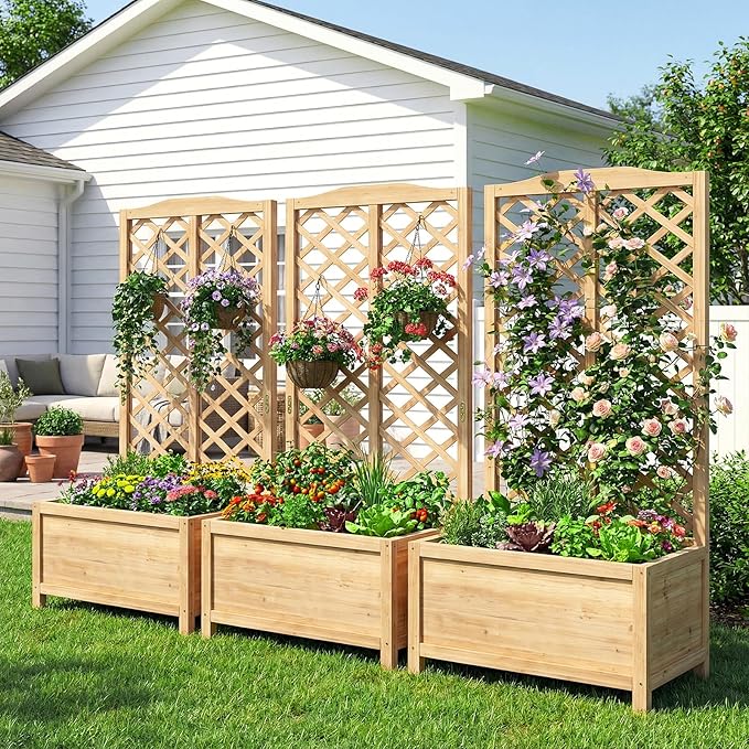 SUNYRISY Raised Garden Bed with Trellis for Climbing Plant Outdoor 59x30x16 Wooden Vertical Planter Box with Privacy Screen for Gardening Vine Flowers Vegetables