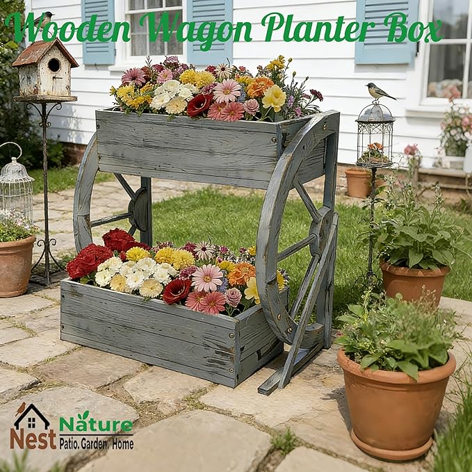 Wooden Wagon Garden Planter Box with Wheels-Indoor/Outdoor Decor for Patio Backyard Balcony-Country Farmhouse Flower Box-2 Tier Rustic Garden Raised Bed for Flowers Herbs Vegetables