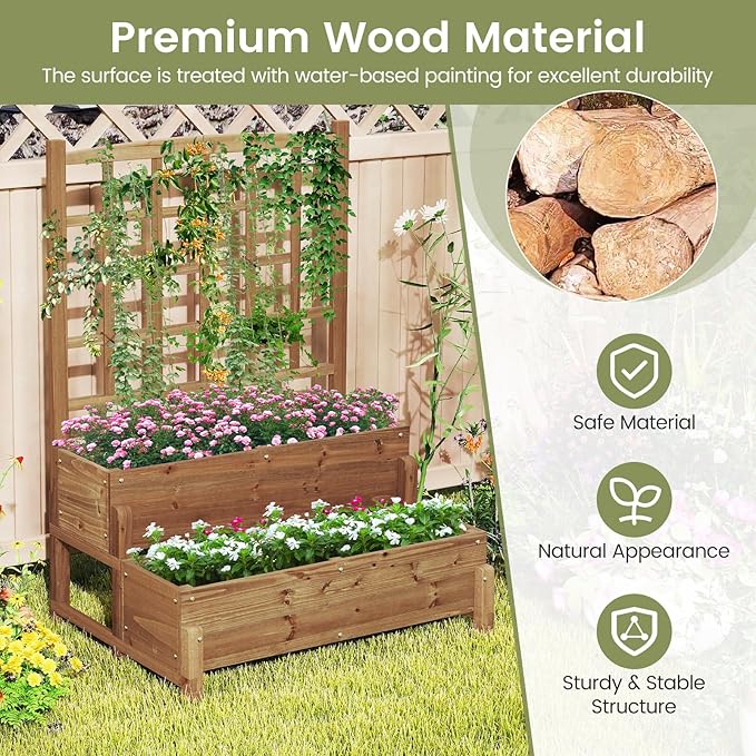 Fir Wood Raised Garden Bed with Trellis 2-Tier Wooden Elevated Planter Box w/Drainage System Garden Trellis for Flower Vegetable Fruit &amp Herb (1)