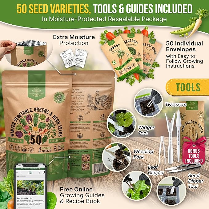 50 Winter Vegetable Garden Seeds Variety Pack - 43450+ Non-GMO Heirloom Seeds for Outdoors &amp Indoor Home Gardening Including Kohlrabi Lettuce Radish Onion Choy Spinach Cauliflower Collard