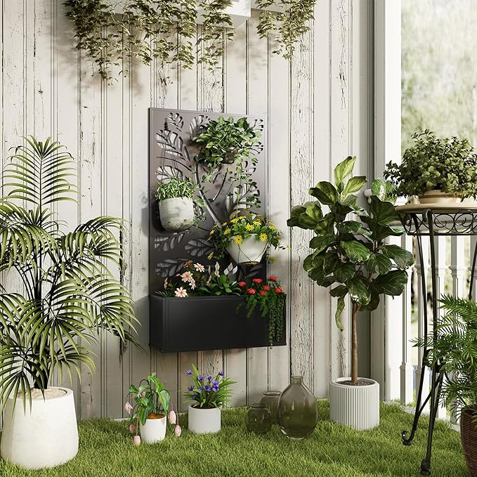 Outsunny Metal Raised Garden Bed with Trellis for Climbing Plants Freestanding or Wall Mounted Flower Bed with Privacy Panel Twigs and Leaves Cut-Outs Outdoor Planter Box for Garden Patio Balcony