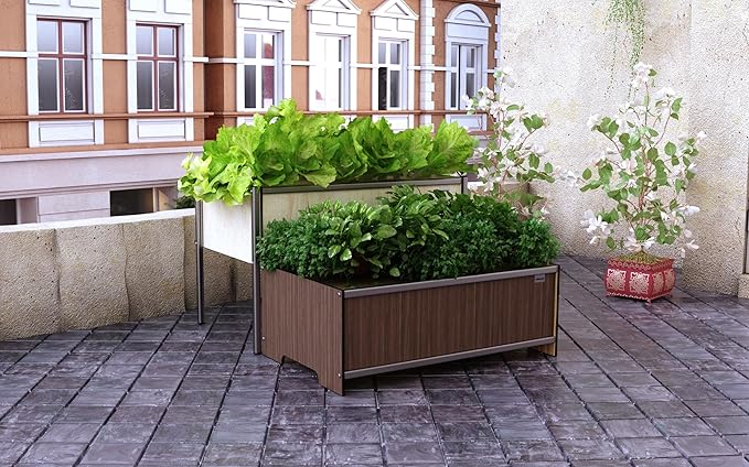 Foreman Raised Garden Bed 10 Year Warranty 36”Lx12”Wx14”H Premium Plastic Wood Grain Aluminum Frame Elevated Planter Box for Backyard Patio Balcony Tosca