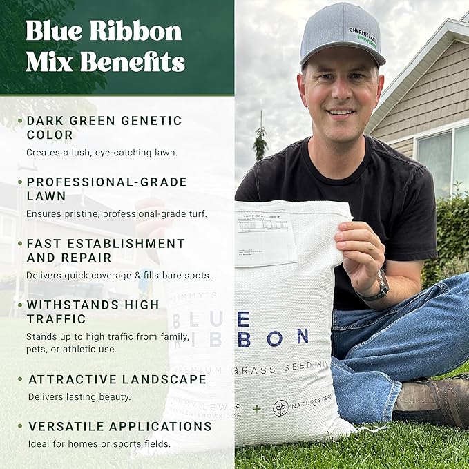 Nature’s Seed Jimmy's Blue Ribbon Mix Kentucky Bluegrass and Perennial Ryegrass Grass Seed Blend High-Traffic for Garden Lawn Yard 5 lbs