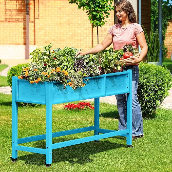DWVO 47x18x31in Raised Garden Bed HDPE Weather-Resistant Poly Wood Planter Box Stand Planter Box with Legs &amp Lockable Wheels Elevated Garden Bed for Backyard Patio Balcony - Aruba Blue