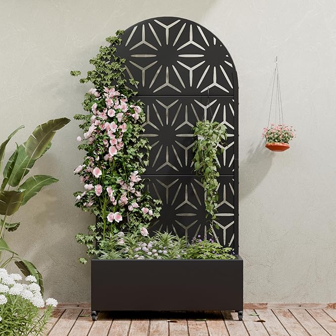 Casaphoria Metal Raised Garden Bed with Trellis and Wheels 72x35x16 Arched Planter Box for Climbing Plants Vegetables &amp Vines Features Drainage Holes and Privacy Screen (Black-Star)