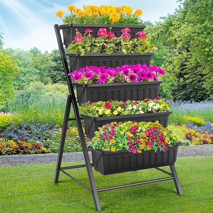 Homdox 5-Tier Elevated Garden Bed- Freestanding Vertical Raised Bed for Gardening with 5 Garden Planter Boxes- Perfect to Grow Vegetables Herbs Flowers Indoor Black