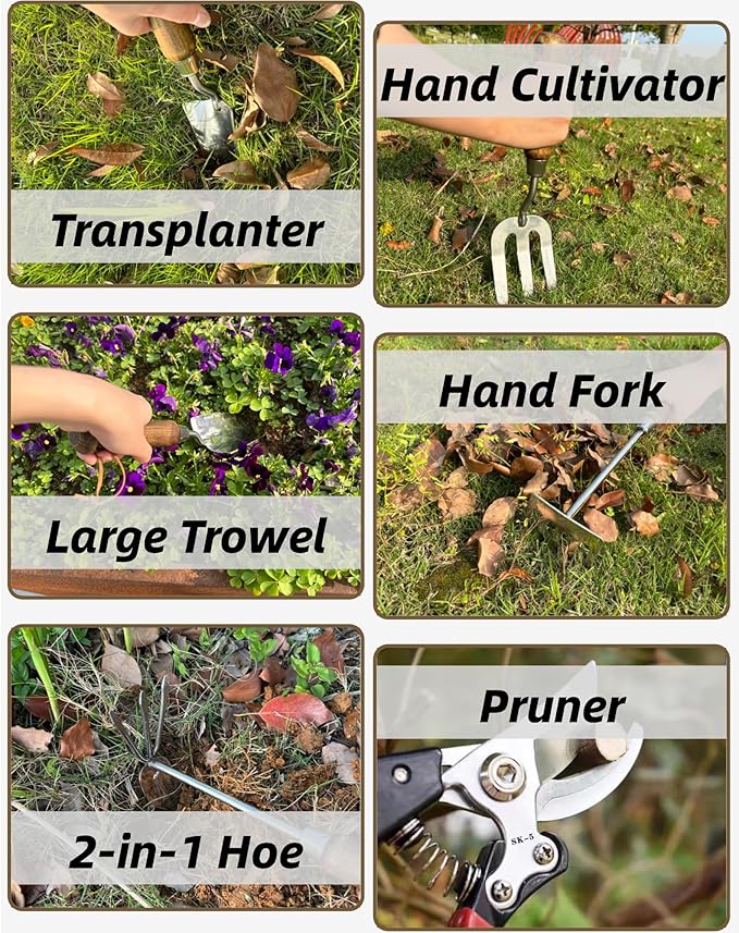 Garden Tool Set 6PCS Heavy Duty Stainless Steel Gardening Hand Tools with Ropes Includes Hand Cultivator Shovel Trowel Transplanter 2-in-1 Hoe Pruner Ideal Gardening Gifts for Women Men (Upgrade)