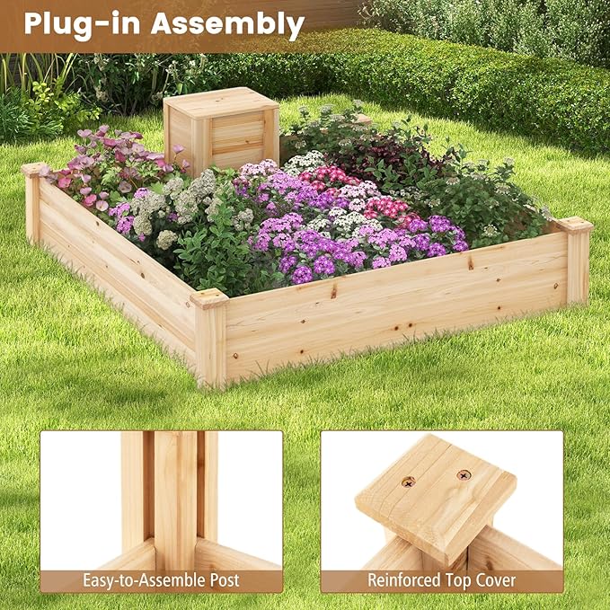Wood Raised Garden Bed - 49 x 49 x 10 Elevated Garden Bed with Compost Bin for Outdoor Gardening and Planting Bottomless Planter Box for Deep-Rooted Vegetables Herbs Flowers and Fruits