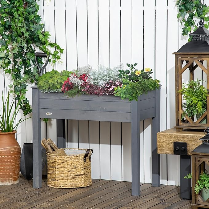 Raised Garden Bed with Legs 34 x 18 x 30 Elevated Wooden Planter Box Self Draining with Bed Liner for Vegetables Herbs and Flowers Backyard Patio Balcony Use Dark Gray