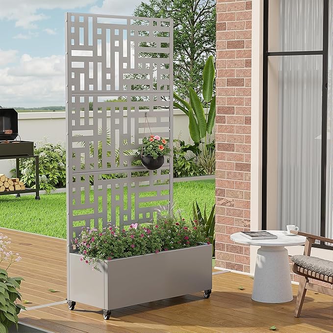 Casaphoria Metal Raised Garden Bed with Trellis and Wheels 72x35x16 Planter Box for Climbing Plants Vegetables &amp Vines Features Drainage Holes and Privacy Screen (Grey-Helen)