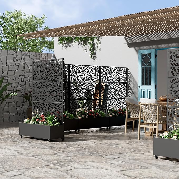 Casaphoria Metal Raised Garden Bed with Trellis and Wheels 72x 47x 16 Planter Box for Climbing Plants Vegetables &amp Vines Features Drainage Holes and Privacy ScreenBlack(Black-Spring&ampNet