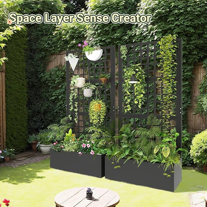 Metal Planter with Trellis 72 x 36’’ x 16 Raised Garden Bed with Trellis Planter Box with Privacy Screen for Climbing Plants Flowers Vegetables Fruits