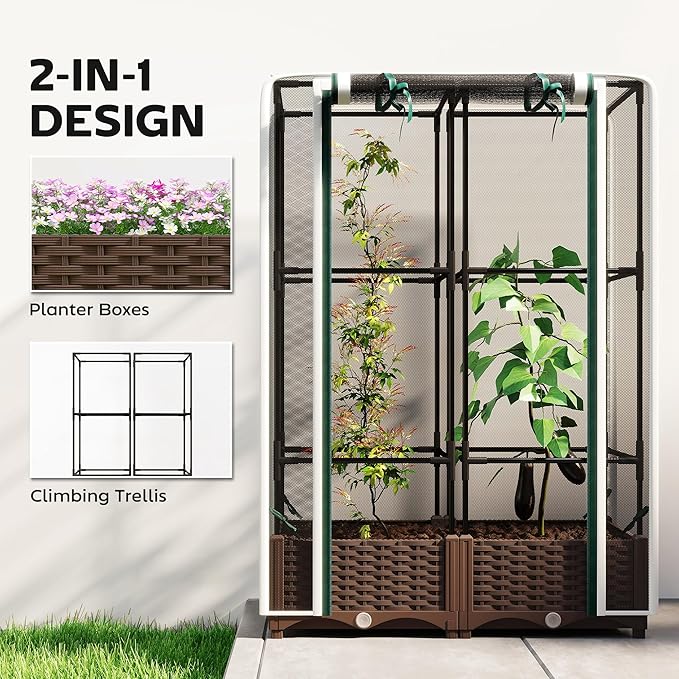 Outsunny Raised Garden Bed with Trellis 46.5 Tomato Cage with Crop Cage Self Watering Planter Box with Drainage Holes and Plugs for Outdoor Patio Climbing Plants Vines Vegetables Flowers White